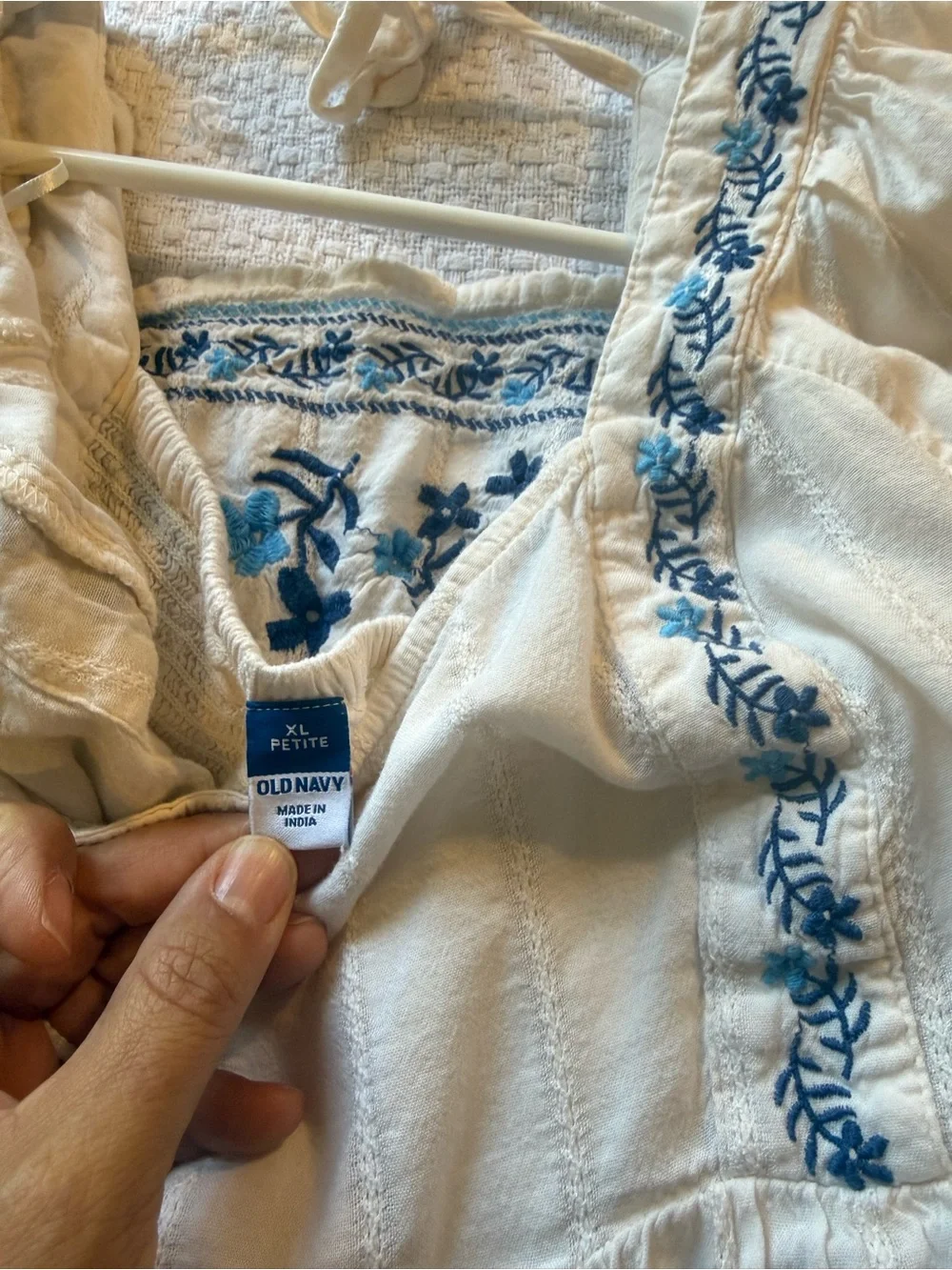 Old Navy Cream Peasant Top with Blue Floral Embroidery
